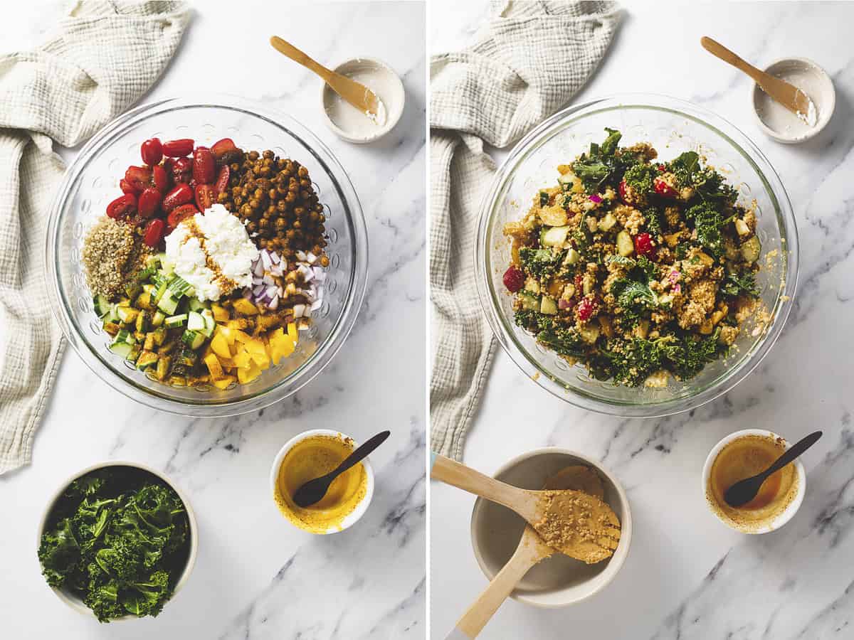 The ingredients of chili lime chickpeas being tossed in a large bowl.