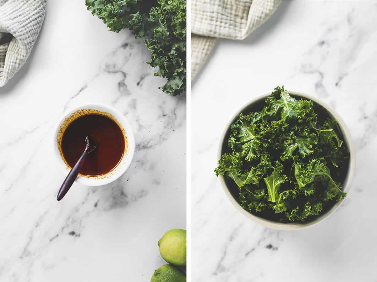 A small bowl of freshly mixed chili lime dressing beside a bowl of freshly chopped and massaged kale.